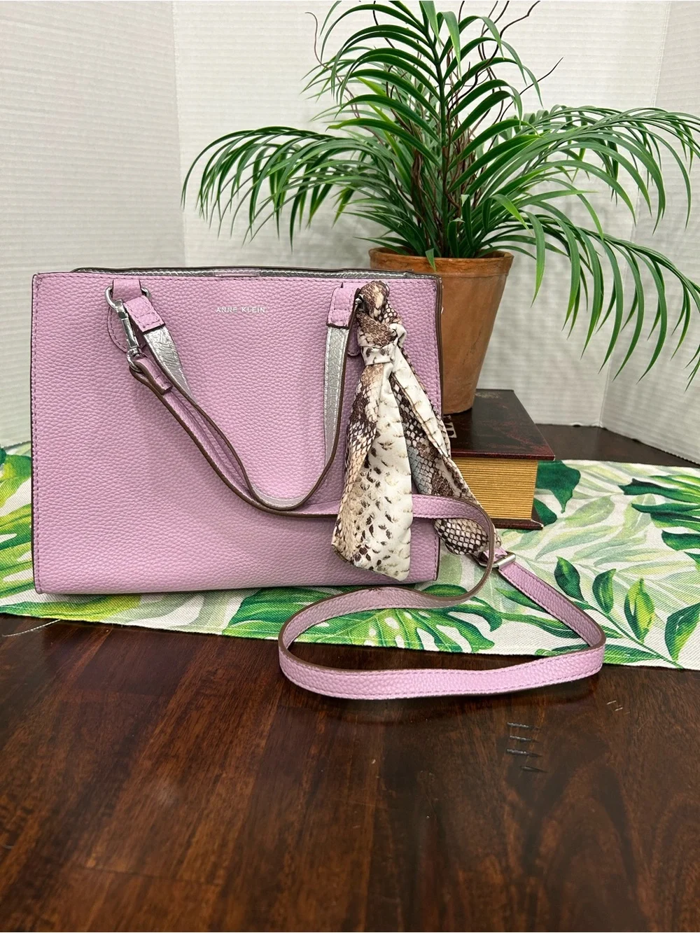 Anne Klein Lilac Crossbody Tote with Snake-Print Scarf Accent